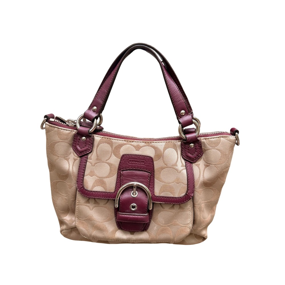Coach Signature Soho Buckle Flap Satchel Khaki Plum Leather Crossbody Bag